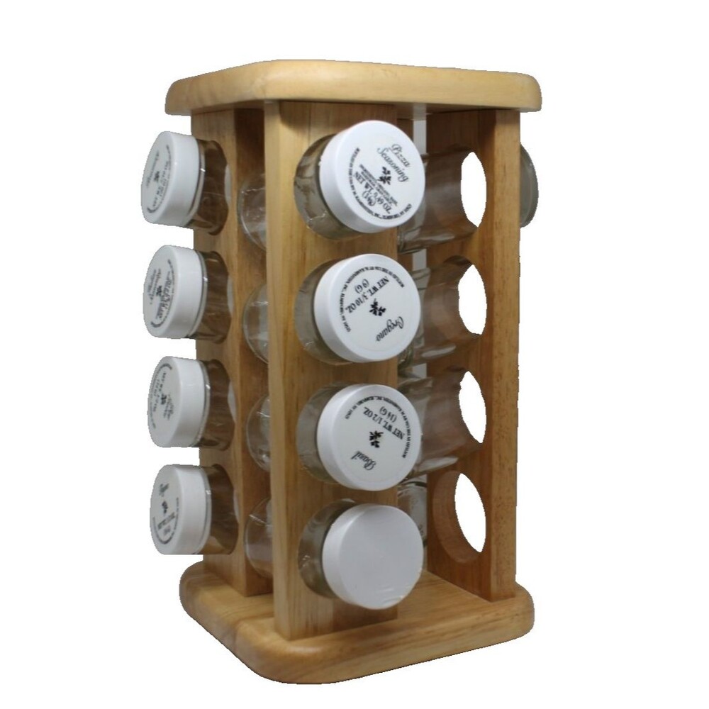 Vintage Wooden Revolving Spice Rack, 16 Compartments-15 Clear Jars
